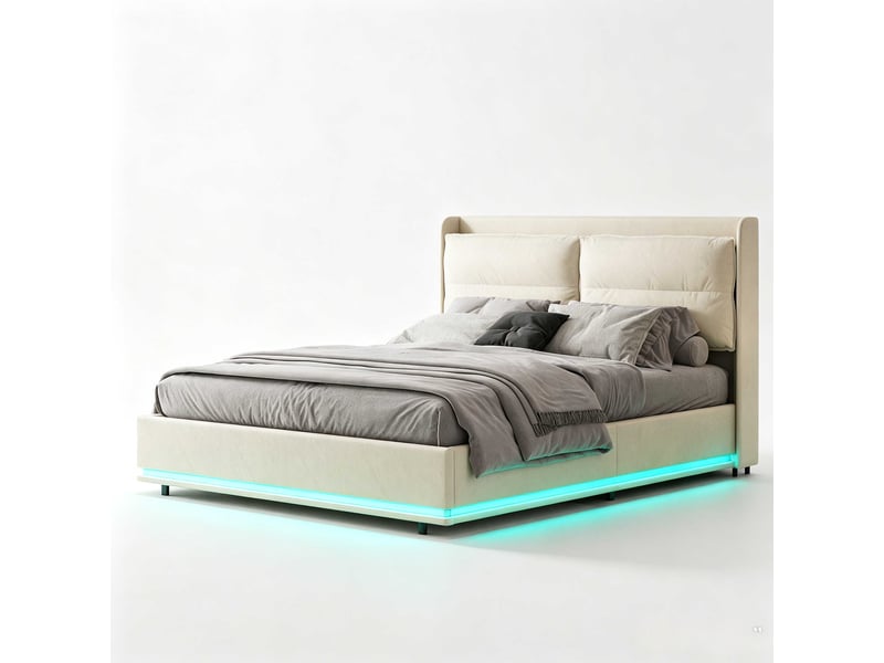  Lit coffre 160x200 cm - lit 2 places pu beige - led rgb intégrée - sommier relevable  - Conforama A