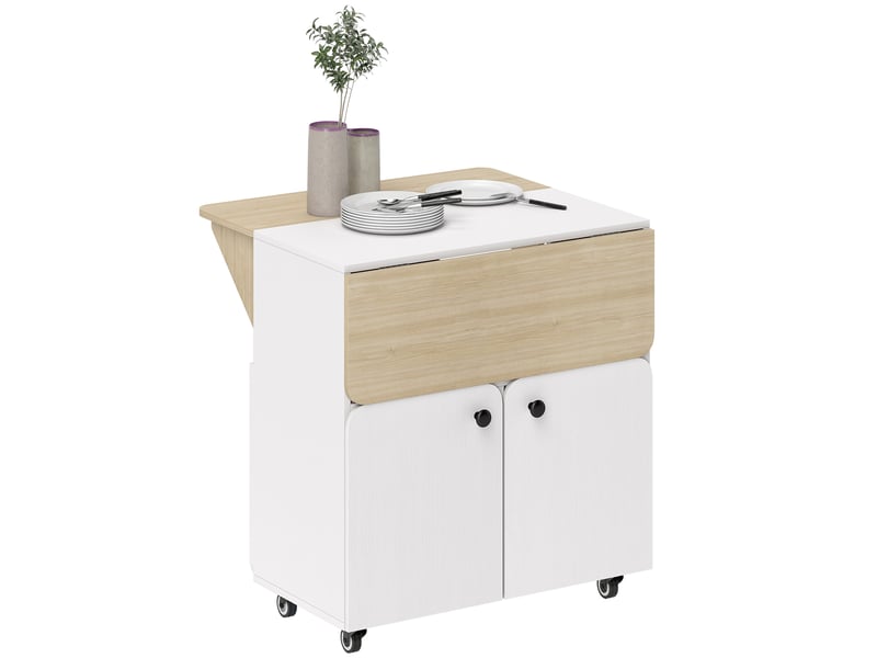 Table à manger pliante sur roulettes, table de cuisine 4 personnes, 2 abattants, étagère, placard, 70x83x75cm, blanc - Conforama B