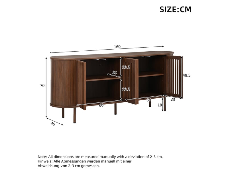  Buffet - 160x40x70cm - buffet bas de salon avec 4 portes ajourées, système push-to-open &amp; étagères - noyer  - Conforama E