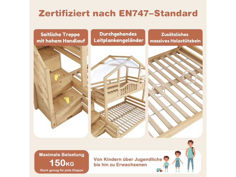 Lit superposé 90x200 et 140x200 cm avec escalier intégré, natural clair, lit enfant avec espace de rangement et étagères - Conforama R