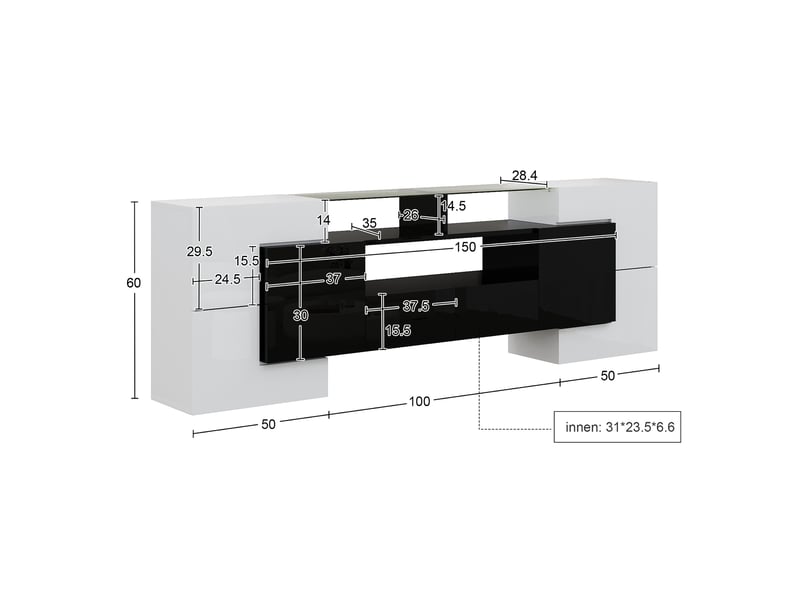  Meuble tv 200 cm blanc et noir brillant avec led, 6 portes et 2 tiroirs  - Conforama C