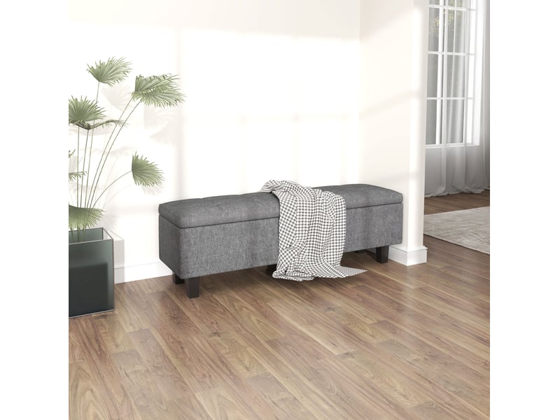 Banc de rangement rembourré en lin avec coffre, pieds en bois, style moderne gris foncé, 138 × 40 × 45 cm - Conforama B