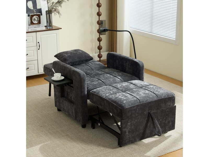 Fauteuil-lit convertible 2-en-1 en chenille gris foncé, dossier réglable 5 positions, tablette et rangements, 167 cm IKSETERA TRADING LTD - Conforama D