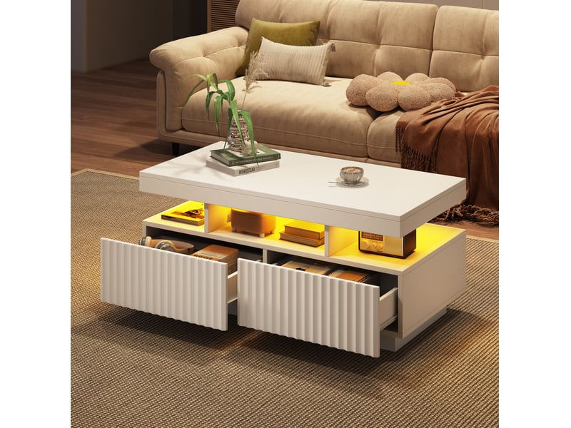  Table basse 100x50x45 cm blanche avec 2 tiroirs et éclairage led  - Conforama E