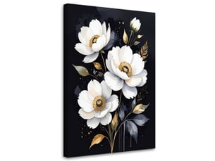 Tableau moderne, fleurs blanches sur fond noir 40x60