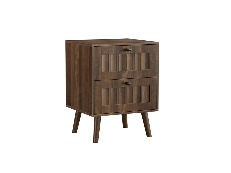  Table de chevet mid-century moderne, noyer, 2 tiroirs, pieds bois massif, 43,5 cm, rangement  - Conforama E