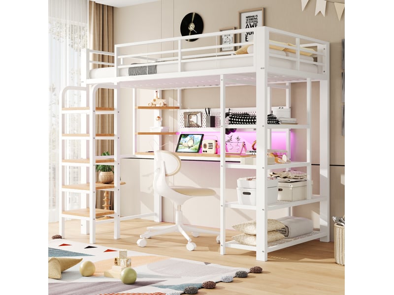 Lit mezzanine 90x200 cm avec bureau, led multicolores et prises intégrées, blanc - Conforama E