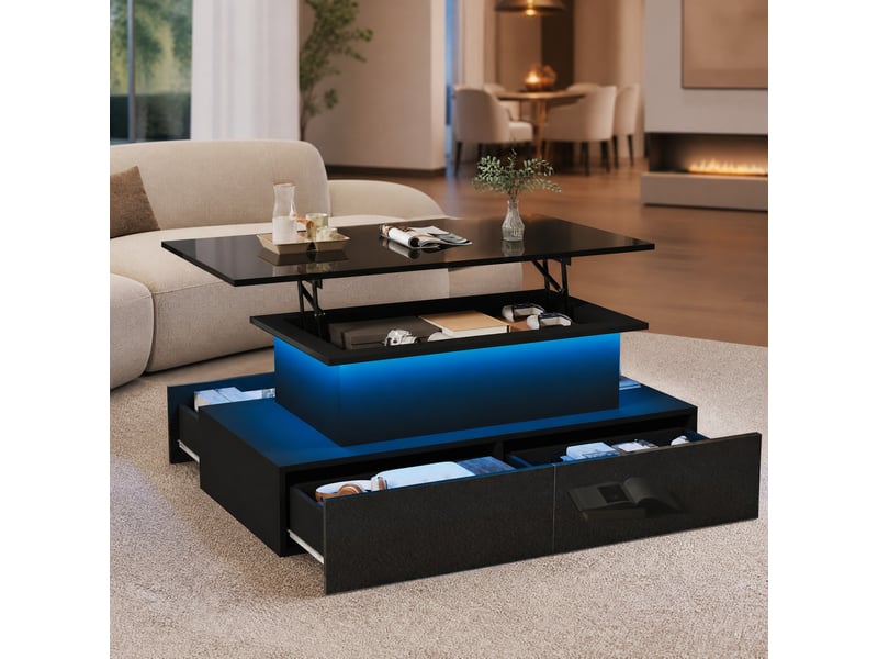  Table basse led avec 4 tiroirs, rangement caché et plateau relevable pour salon, 90 × 55 × 41 cm  - Conforama B
