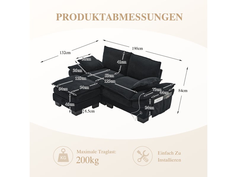  Canapé d'angle réversible fixe 2 places tissu noir  - Conforama C