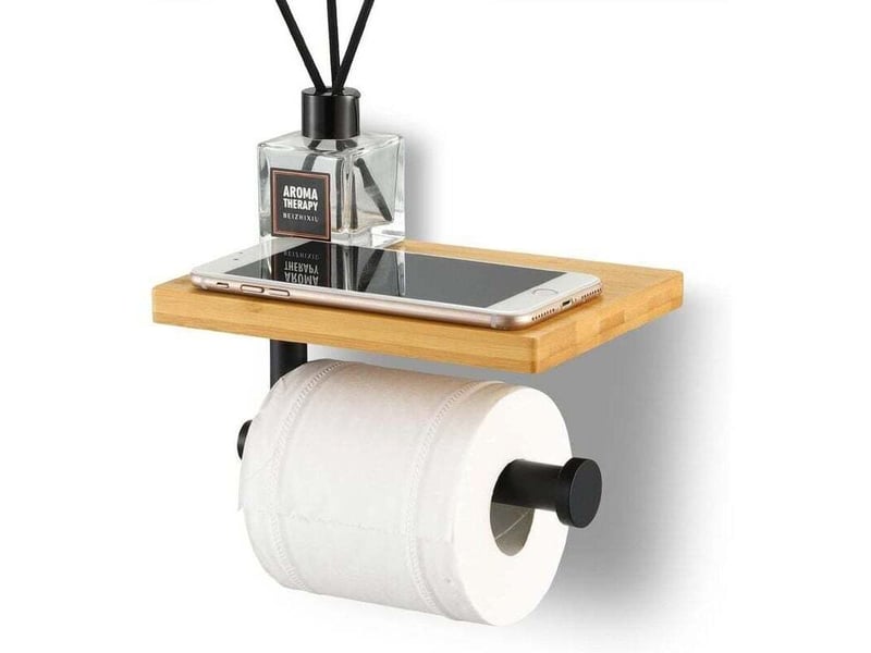  Enowelir porte papier toilette support mural en acier inoxydable avec etagère en bambou version sans perçage noir mat  - Conforama A