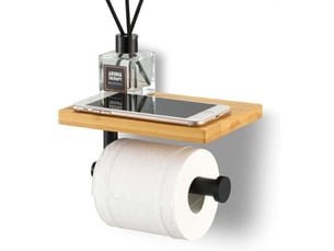 Enowelir porte papier toilette support mural en acier inoxydable avec etagère en bambou version sans perçage noir mat