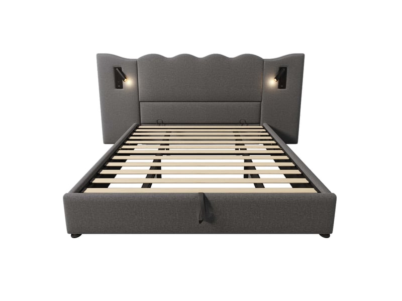 Lit coffre 180 × 200 cm en lin gris, liseuse orientable 360°, usb-c et sommier à lattes Fay Lum - Conforama E