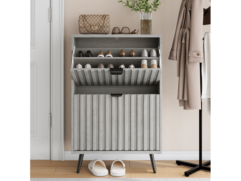  Meuble à chaussures 60x24x94 cm, 2 portes, meuble d'entrée, grande capacité, design rainuré, mdf et aggloméré, gris  - Conforama D