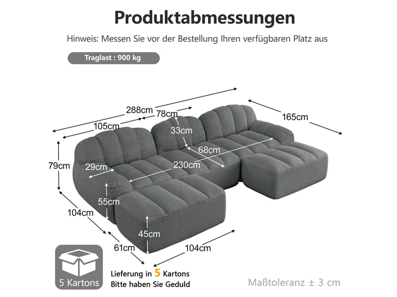  Canapé modulable ulevr 3 places en u avec 2 poufs, mousse haute densité 32d, tissu bouclette gris, 288 x 165 x 79 cm  - Conforama C