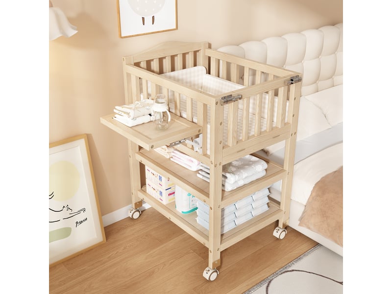  Table à langer 3-en-1 avec lit bébé et rangements, 89 x 58 x 102 cm, pin et mdf, naturel  - Conforama R