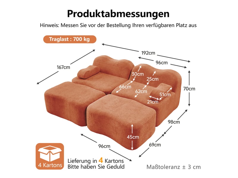 Canapé modulaire 2 places avec 2 poufs en velours orange - Conforama E