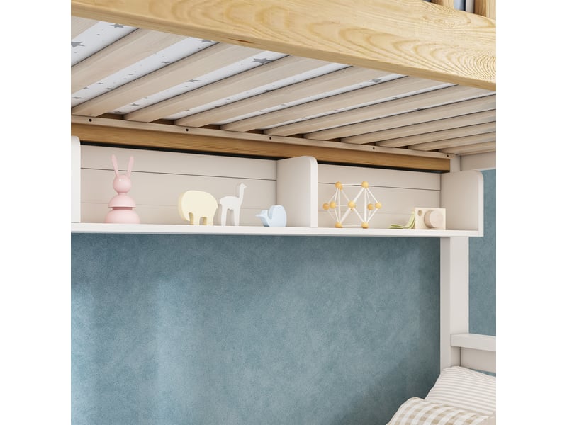  Lit superposé en forme de maison, lit supérieur 90 × 200 cm, lit inférieur 140 × 200 cm ; équipé d’un escalier de rangement et d’étagères, adapté aux familles nombreuses, blanche  - Conforama R