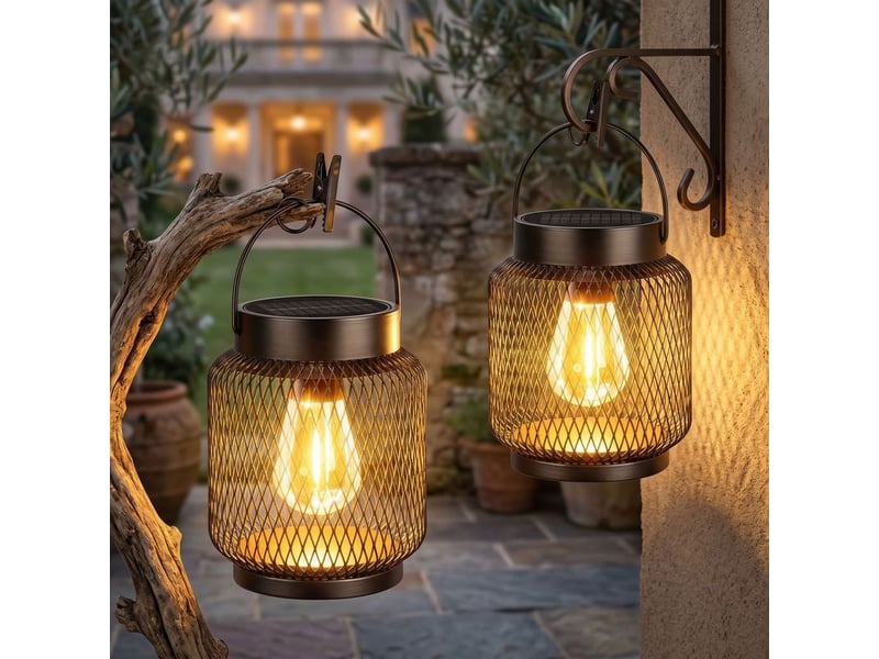  Lot de 2 lanternes solaires de jardin led, lampes suspendues métal étanches, éclairage décoratif pour terrasse, arbre et chemin  - Conforama B