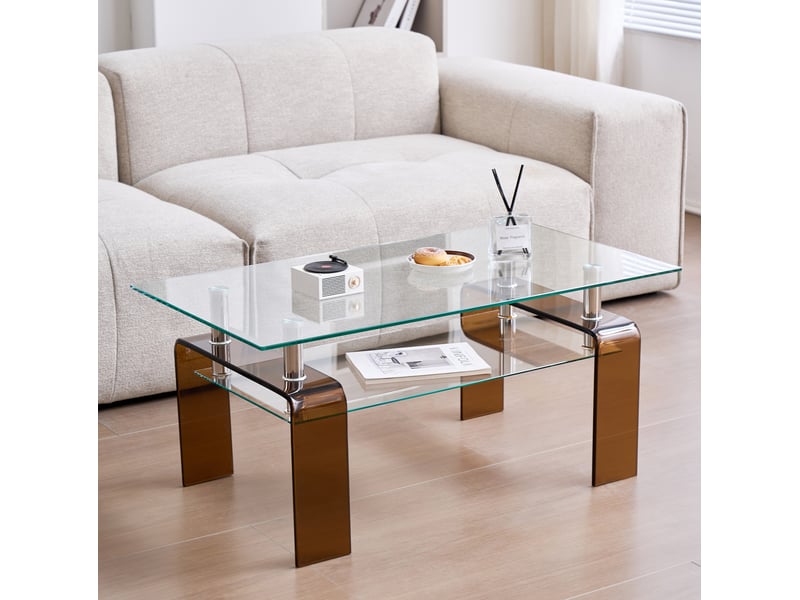  Table basse avec 2 plateaux en verre trempé et pieds métalliques bruns pour salon, transparente, 100 × 55 × 45 cm  - Conforama B
