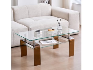 Table basse avec 2 plateaux en verre trempé et pieds métalliques bruns pour salon, transparente, 100 × 55 × 45 cm