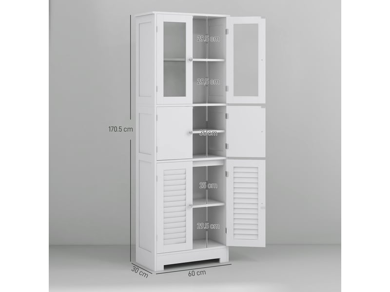  Meuble de salle de bains à trois compartiments avec portes vitrées à enroulement, 60 x 30 x 170,5 cm, blanc  - Conforama E
