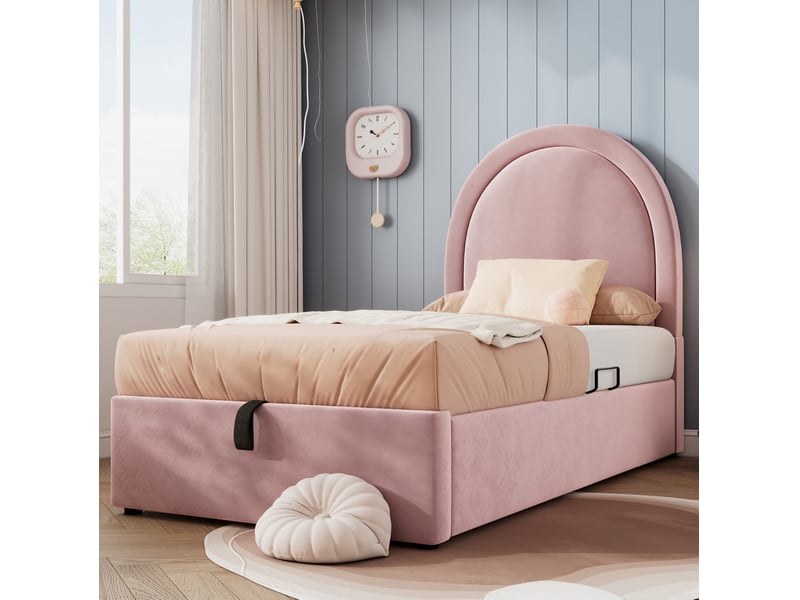  Lit coffre enfant 90 x 200 cm en velours rose avec matelas et sommier relevable  - Conforama E