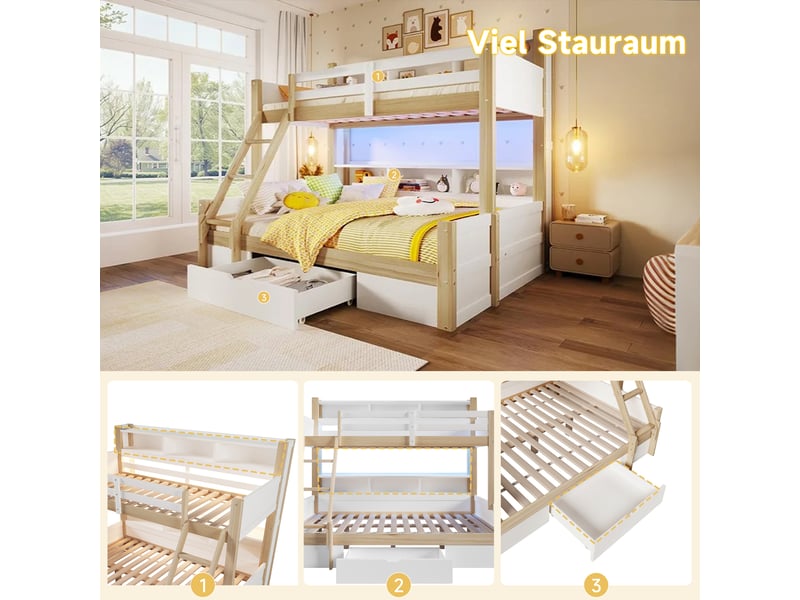  Lit superposé 3 places 90×200 cm et 140×200 cm, led, rangements et tiroir - okmyhome- blanc naturel, sans matelas  - Conforama E