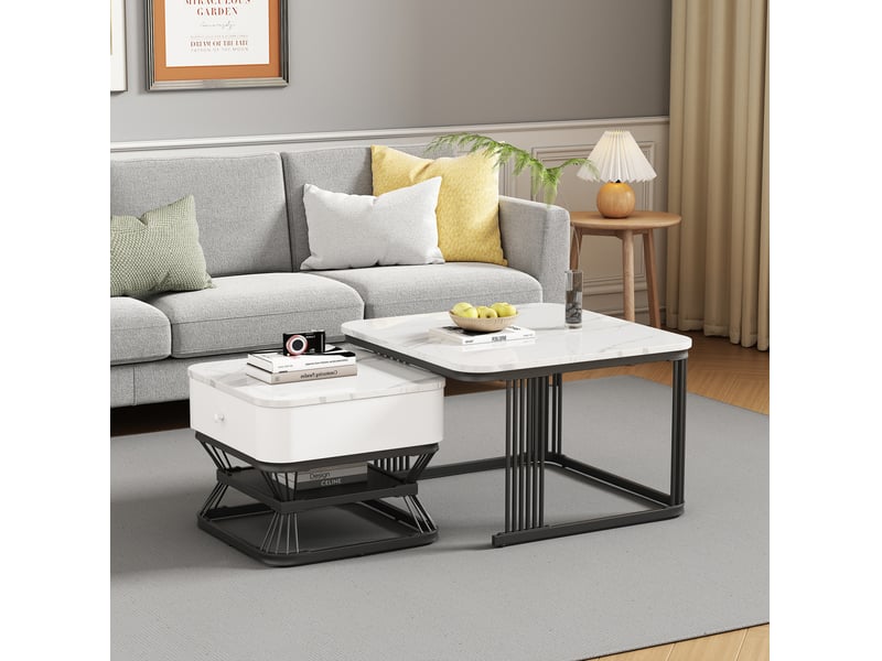 Lot de 2 tables basses carrées avec tiroir, effet marbre blanc et noir - Conforama B