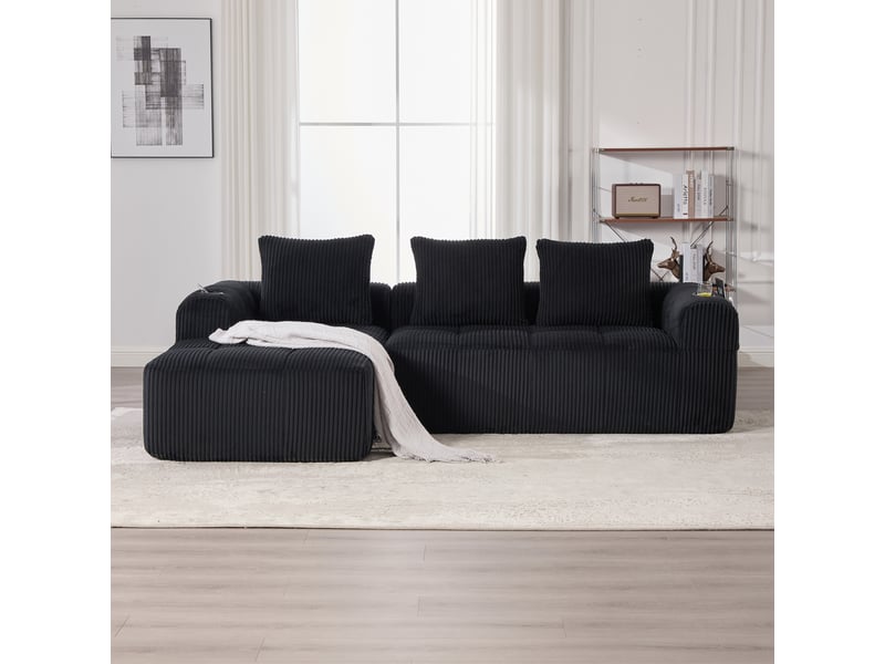 Canapé modulable 4 places salon confortable avec poches latérales, porte-gobelet et 3 coussins, moderne en velours côtelé noir - Conforama C
