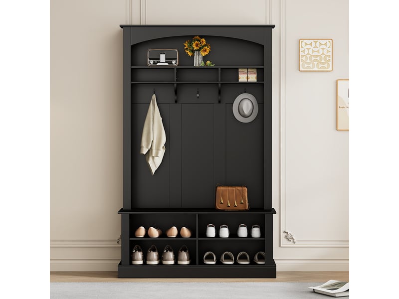  Penderie mobile - porte-manteau large avec banc et étagère à chaussures, banc de rangement multifonctionnel, noir  - Conforama C