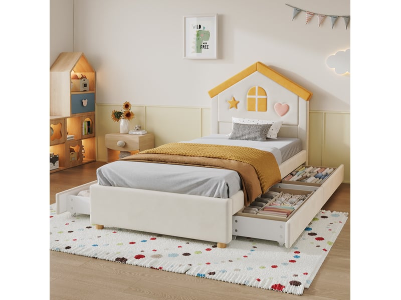  Lit enfant rembourré maison beige 90 x 200 cm avec 4 tiroirs  - Conforama B