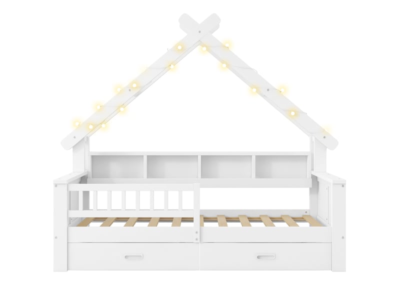 Lit enfant cabane 90 x 200 cm blanc en bois et mdf, led, 2 tiroirs et rangements avec barrière de sécurité - Conforama E