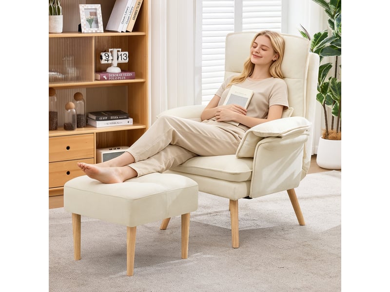  Fauteuil relax, fauteuil de salon – dossier réglable, pieds bois, avec accoudoirs, avec repose-pieds, beige  - Conforama A