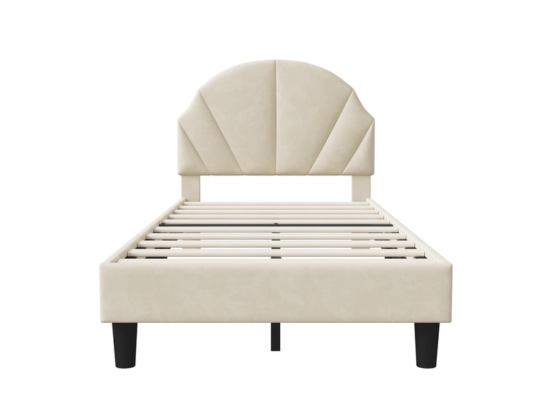  Lit simple 90x200, lit enfant capitonné avec tête de lit coquille réglable en hauteur, velours, style moderne scandinavo, beige  - Conforama D