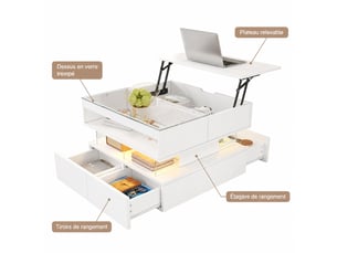 Table basse relevable blanche avec plateau en verre et éclairage led multicolore 16 couleurs