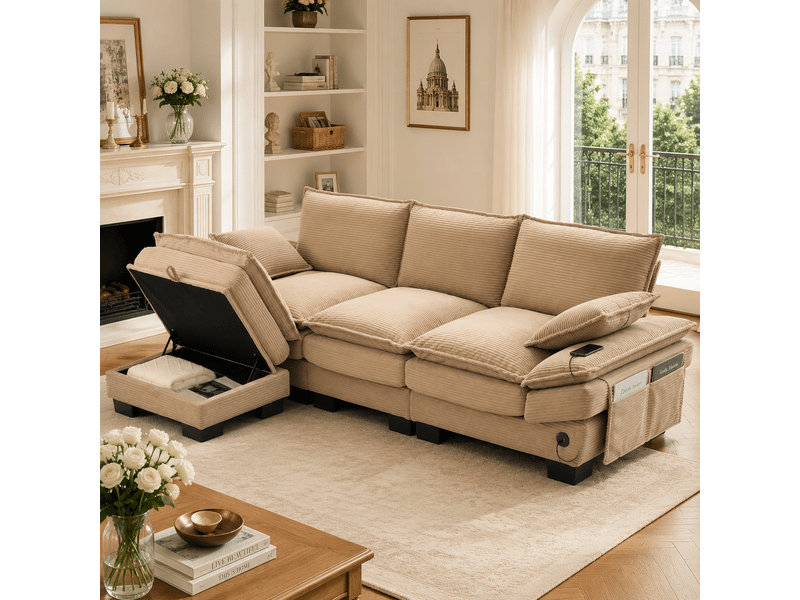  Canapé d'angle 3 places en velours côtelé kaki avec pouf et coffre intégré pour salon ou bureau  - Conforama B