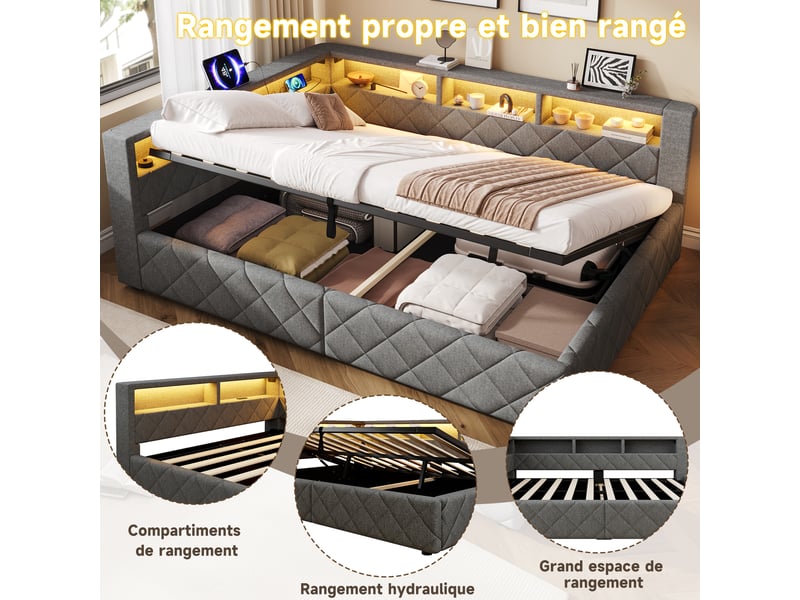 Lit coffre hydraulique 140x200 cm avec led, rangement ouvert et usb, tissu lin gris, structure mdf, sans matelas - Conforama R