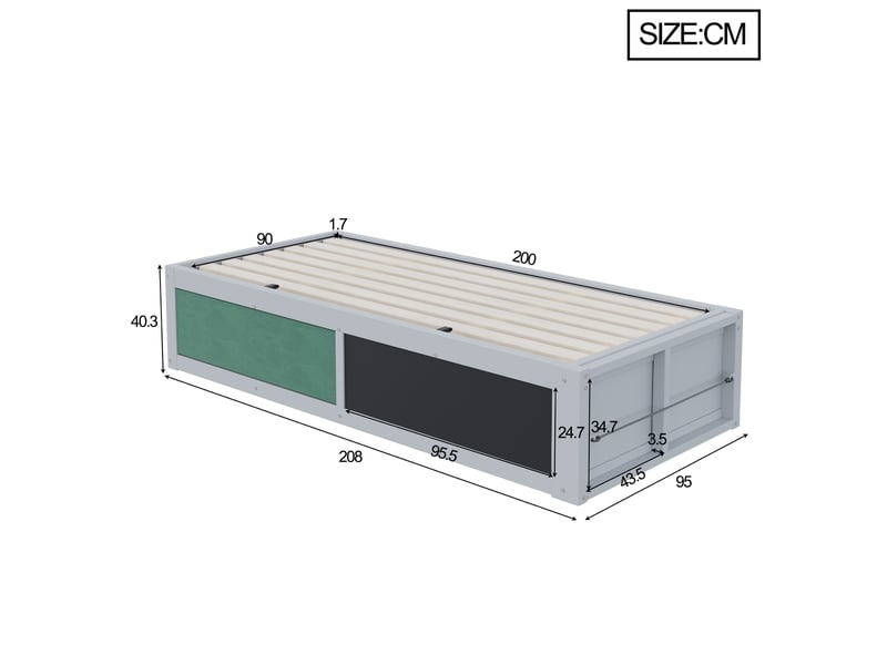  Lit enfant 90 x 200 cm avec rangement hydraulique, tableau, étagère et sommier gris  - Conforama C