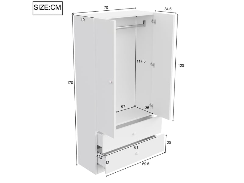  Armoire penderie 70 x 40 x 170 cm avec 2 tiroirs en mdf, blanc et rose  - Conforama C