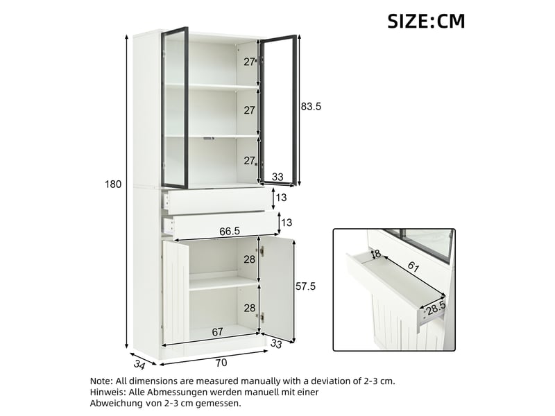  Vitrine haute led 70x34x180 cm – blanc mat – 2 tiroirs, portes en verre, éclairage bluetooth usb  - Conforama C