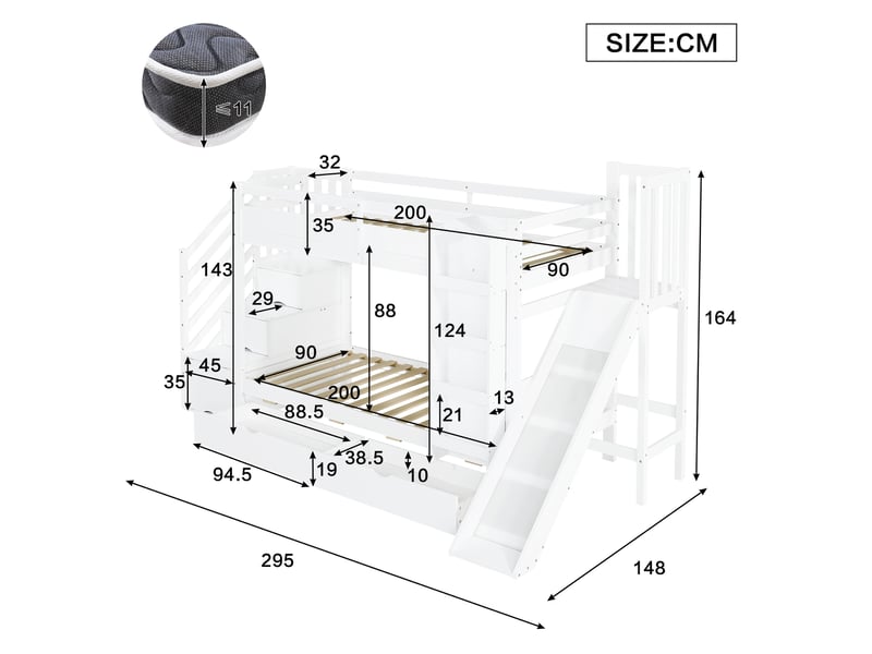  Lit superposé enfant 2 × 90 × 200 cm avec toboggan, escalier rangement et 2 tiroirs, blanc IKSETERA TRADING LTD - Conforama C