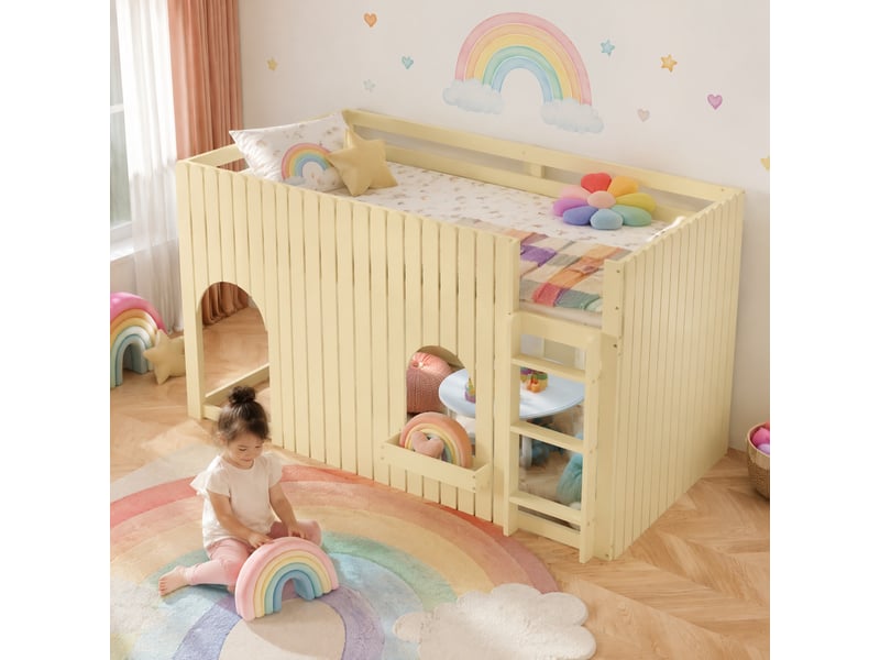  Lit mezzanine enfant simple 90×200 cm avec barrière, led et rangements - okmyhome- naturel, sans matelas  - Conforama C