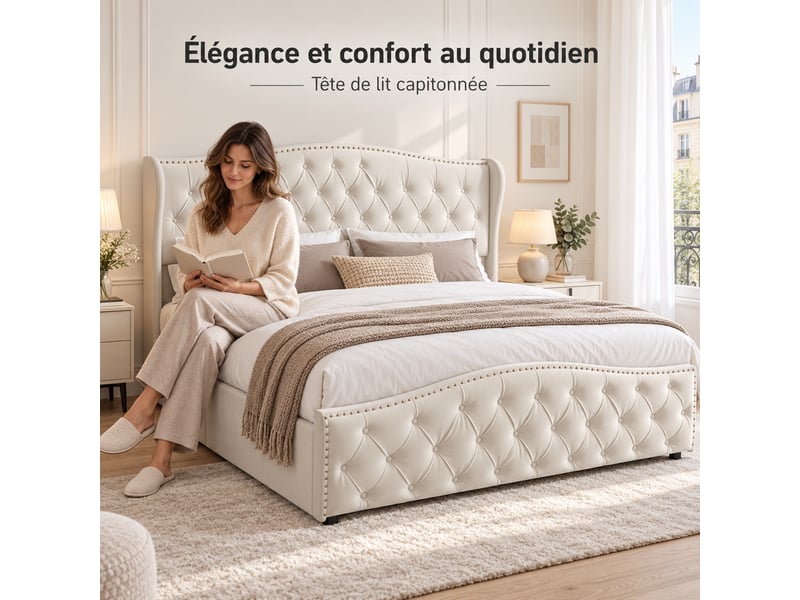  Yyxldynb lit coffre 140x200 cm avec rangememt, lit double rembourré avec sommier à lattes, cadre de lit 2 places avec tête de lit capitonnée, lit adulte, velours beige  - Conforama E
