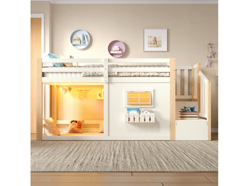  Lit mezzanine enfant 90x200 cm, escalier avec rangements, fenêtre, led, pin et mdf, naturel et blanc, sans matelas  - Conforama B