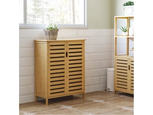 Meuble de salle de bain en bambou 68x32x86 cm, 2 portes à lamelles, 2 étagères, naturel