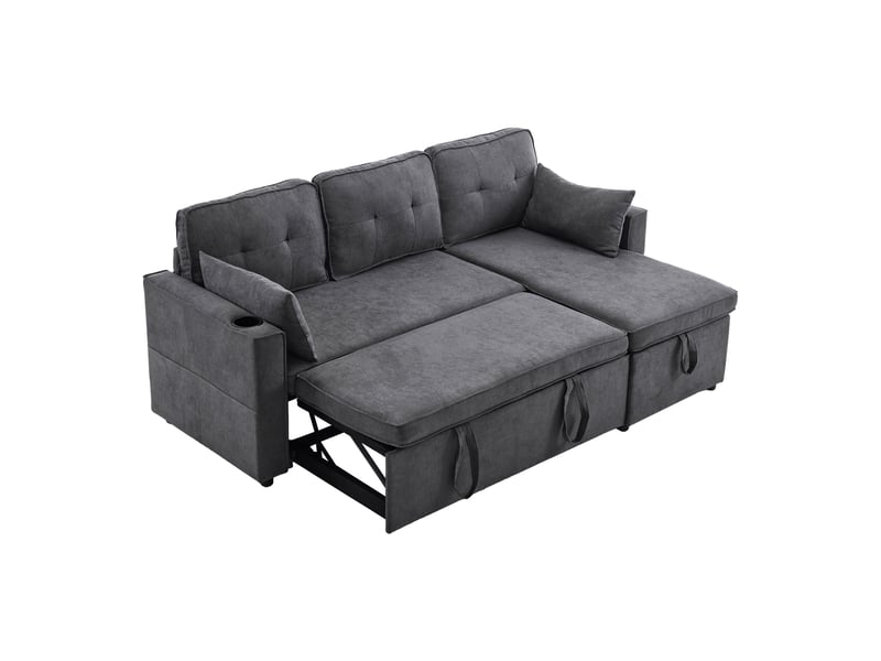 Canapé convertible 3 places en l avec méridienne réversible - rangement intégré et porte-gobelet - lin gris  - Conforama A