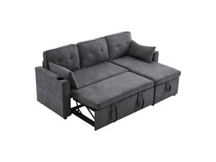 Canapé droit convertible WISHDOR 3 places Coton / Lin gris avec coffre de rangement