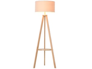 Lampadaire avec étagère, abat-jour en lin, interrupteur au pied, mode économie d'énergie, hauteur 154 cm, bois, 50 x 50 x 154 cm