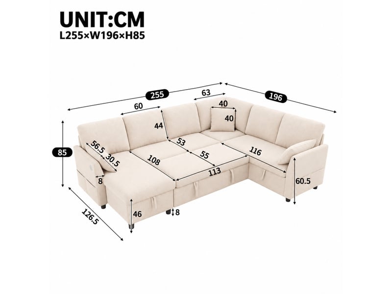 Canapé d’angle convertible 6 places 255 x 196 x 85 cm, réversible, 2 coffres de rangement, usbusb-c, 3 coussins, beige - Conforama C