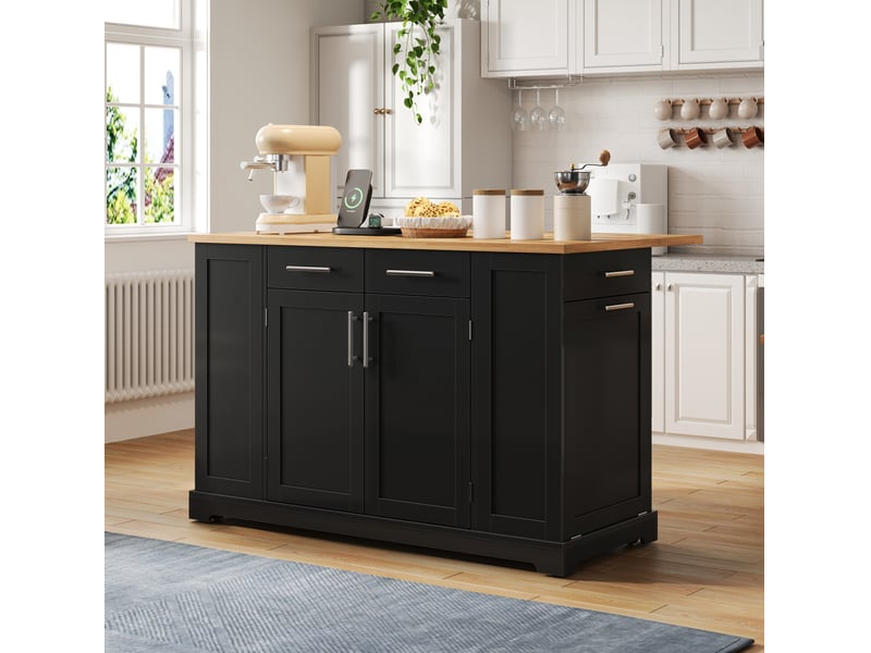  Îlot de cuisine 138x86x92 cm plateau rabattable mdf noir et naturel  - Conforama C